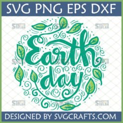 Whimsical hand-drawn Earth Day SVG and PNG design with green leaves and organic swirls