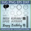 Happy Birthday SVG Bundle for Cricut and Silhouette, featuring script text, candle letters, balloon letters, birthday cake, balloons, and geometric frames.