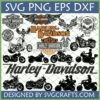 Harley Davidson SVG Bundle with various motorcycle logos, skull designs, and bike silhouettes for Cricut and sublimation