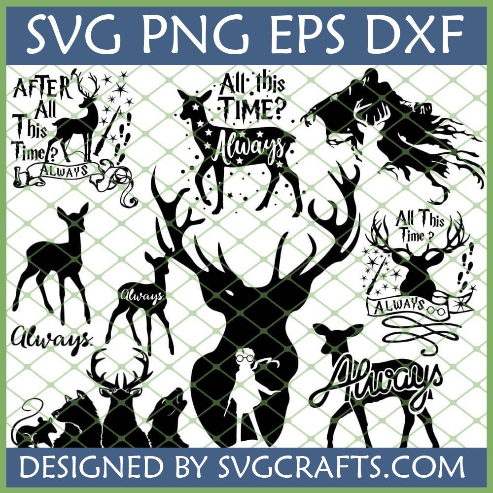 Harry Potter Always SVG bundle featuring multiple deer and stag silhouettes with 'Always' text and Wizarding World elements for Cricut and sublimation.