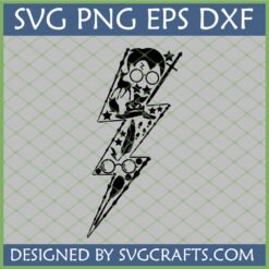 Harry Potter Lightning Bolt SVG with iconic symbols like glasses, wand, owl, stag, and sorting hat for Cricut projects.