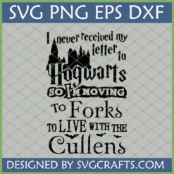 Funny Harry Potter Twilight Crossover SVG design with Hogwarts castle silhouette and text 'I never received my letter to Hogwarts so I'm moving to Forks to live with the Cullens'