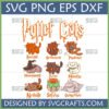 Potter Cats SVG Bundle featuring 9 cute wizard cat characters like Purrter, Hermeownle, Rawrnald, Meowgonagall, Pawdamort, Meowfoy, Nyavile, Sefurus, and Dumpurrdore for Cricut and sublimation.