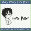 Harry Potter Chibi SVG design with iconic glasses, lightning scar, and scarf, alongside 'Harry Potter' text, optimized for Cricut and digital crafts.