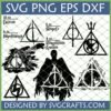Harry Potter Deathly Hallows SVG Bundle with various designs including spells, Patronus, and lightning bolt for Cricut and sublimation.