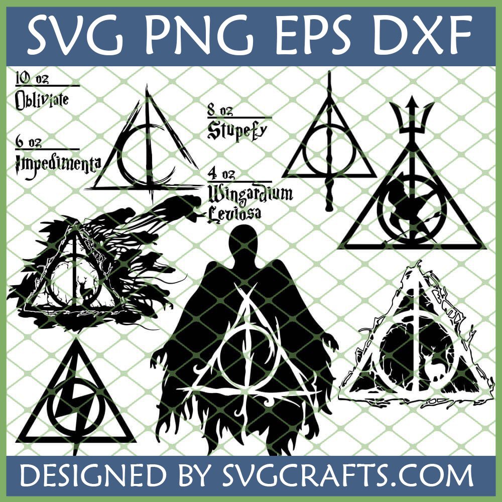 Harry Potter Deathly Hallows SVG Bundle with various designs including spells, Patronus, and lightning bolt for Cricut and sublimation.