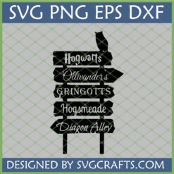 Harry Potter Signpost SVG featuring Hogwarts, Diagon Alley, Hogsmeade, Gringotts, and Ollivander's, with an owl perched on top, for Cricut and Silhouette.