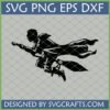 Dynamic silhouette of a wizard or witch flying on a broomstick, ideal for Cricut and craft projects. SVG PNG EPS DXF digital file by SVGCrafts.