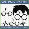 Harry Potter SVG bundle featuring wizard glasses, lightning bolt, messy hair silhouette, and heartbeat glasses design for Cricut.