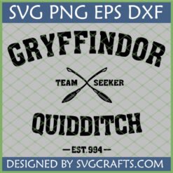 Gryffindor Quidditch Team Seeker SVG design with crossed broomsticks and 'EST. 994' for Harry Potter fans.