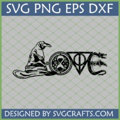Harry Potter Love SVG File with Sorting Hat, Time Turner, Deathly Hallows, and Dragon for Cricut projects.