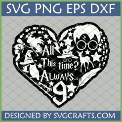 Heart-shaped Harry Potter Always SVG design with iconic elements like glasses, lightning bolt, stag Patronus, Sorting Hat, broom, and '9 3/4' for Cricut and Silhouette.