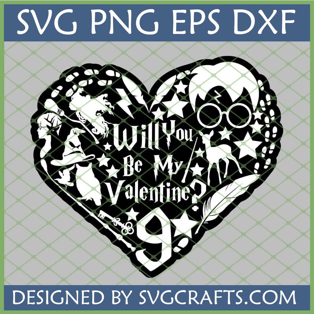 Harry Potter Valentine SVG heart design with iconic symbols like glasses, lightning bolt, sorting hat, and stag for Cricut.