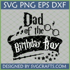 Magical Dad Birthday Boy SVG design with wizard glasses, lightning bolt, sorting hat, and magic wand for Cricut projects