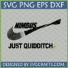 Nimbus Just Quidditch SVG design for Harry Potter fans and crafters, featuring a broomstick as a Nike swoosh parody.
