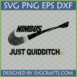 Nimbus Just Quidditch SVG design for Harry Potter fans and crafters, featuring a broomstick as a Nike swoosh parody.