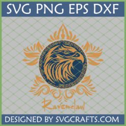 Intricate Ravenclaw Eagle SVG digital design for Cricut and sublimation, featuring a majestic eagle head in gold and blue with a Greek key border and 'Ravenclaw' text.