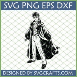 Harry Potter SVG for Cricut, black and white illustration of young wizard with glasses and robe for crafting