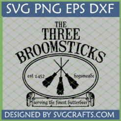 The Three Broomsticks Hogsmeade Pub SVG Logo with 'est 1452' and 'serving the finest butterbeer'