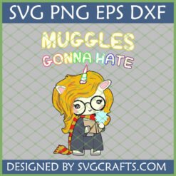 Muggles Gonna Hate SVG - Cute unicorn wizard with glasses, robe, and Gryffindor scarf holding a book and magic, ideal for Cricut and sublimation.