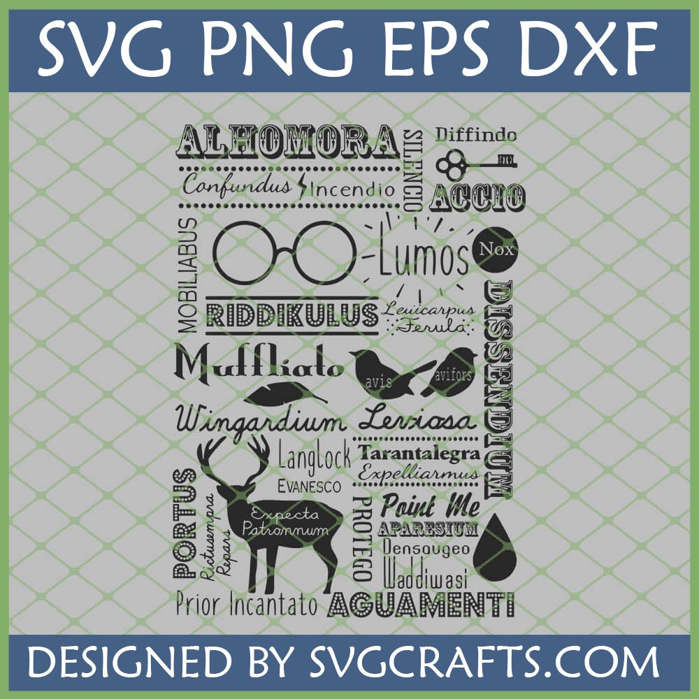 Harry Potter Spells SVG PNG DXF EPS digital file for Cricut with iconic wizarding world word art and magical symbols.