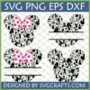Mickey and Minnie Mouse head silhouettes filled with various Disney characters and symbols, with a split line for personalization. Includes pink polka dot bows for Minnie versions. SVG PNG EPS DXF files.