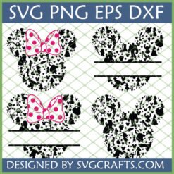 Mickey and Minnie Mouse head silhouettes filled with various Disney characters and symbols, with a split line for personalization. Includes pink polka dot bows for Minnie versions. SVG PNG EPS DXF files.