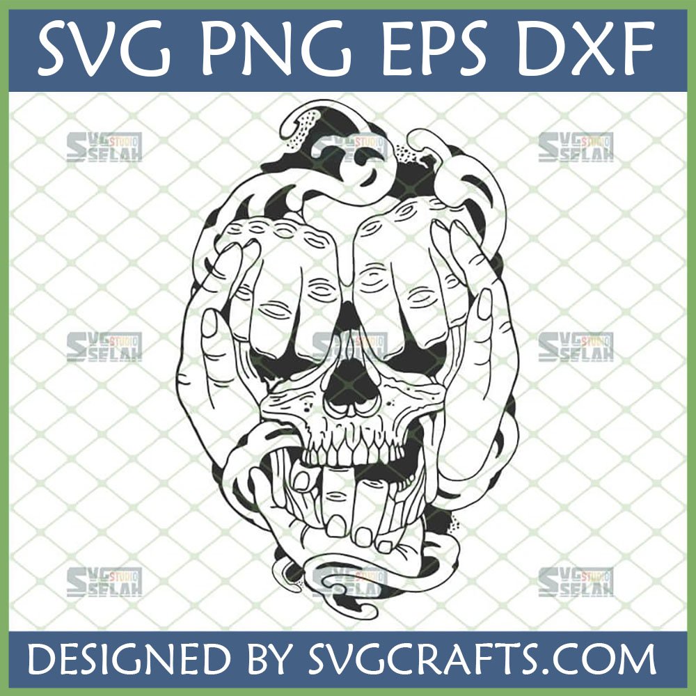 Detailed black and white See No Evil Skull SVG design with hands covering eyes, mouth, and ears, in a tattoo art style.