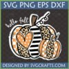 Hello Fall Pumpkin SVG with leopard print, buffalo plaid, stripes, and heart patterns for autumn crafting