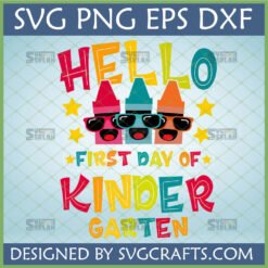 Hello First Day of Kindergarten Crayon SVG PNG DXF EPS digital file bundle with cool crayons wearing sunglasses and stars.