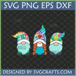 Three vibrant Tie Dye Gnome SVG designs with peace sign, heart, and flower hats, perfect for Cricut and sublimation crafts.