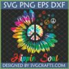 Vibrant Hippie Soul SVG featuring a tie-dye sunflower with a central peace sign and scattered peace symbols.