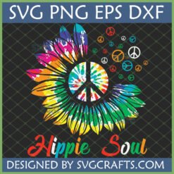 Vibrant Hippie Soul SVG featuring a tie-dye sunflower with a central peace sign and scattered peace symbols.