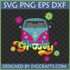 Groovy Hippie Van SVG design featuring a teal and hot pink VW Bus with a peace sign, 'Groovy' text, and retro flowers, perfect for Cricut and sublimation crafts.