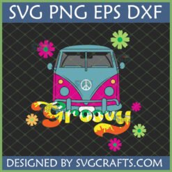 Groovy Hippie Van SVG design featuring a teal and hot pink VW Bus with a peace sign, 'Groovy' text, and retro flowers, perfect for Cricut and sublimation crafts.