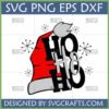 Ho Ho Ho Christmas SVG design with a red Santa hat, gray brim, and pom-pom, surrounded by retro snowflakes, perfect for holiday crafting.