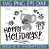 Cute gray koala holding eucalyptus with "Hoppy Holidays!" text and stars, designed by SVGcrafts.