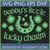 Daddy's Little Lucky Charm SVG design with shamrocks and horseshoe for St. Patrick's Day baby apparel