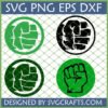 Four variations of a Hulk Fist SVG design: light green solid, dark green outline, black solid, and green outline, presented on a grid background with 'SVG PNG EPS DXF' text.