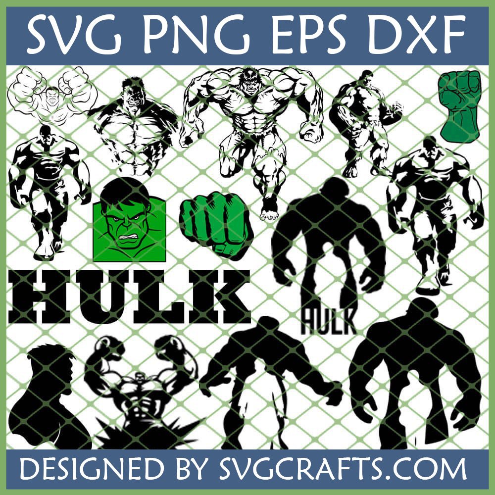Collection of Hulk SVG designs for Cricut, featuring detailed, stylized, and silhouette versions of the Marvel superhero