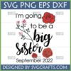 I'm Going to Be a Big Sister September 2022 Floral SVG design for pregnancy announcement on a white background with red roses and pink flowers.