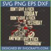 Funny Biker Skeleton SVG with 'Don't Give a Fuck' quote, retro motorcycle design for Cricut and sublimation.