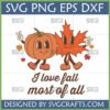 Cute retro fall pumpkin and maple leaf SVG design giving peace signs with 'I love fall most of all' text, perfect for Cricut and sublimation.