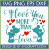 I Love You More Than Mickey Loves Minnie SVG digital design with Mickey and Minnie Mouse silhouettes, red hearts, and script font for crafting projects