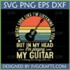 Retro 'In My Head I'm Playing My Guitar' SVG design with acoustic guitar and sunset stripes
