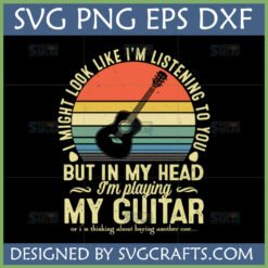 Retro 'In My Head I'm Playing My Guitar' SVG design with acoustic guitar and sunset stripes