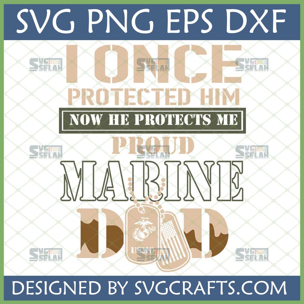 Proud Marine Dad SVG design with USMC emblem and American flag dog tags, perfect for Father's Day gifts and military family tributes.