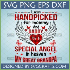 Handpicked by Great Grandpa Angel SVG design with plaid heart and angel wings