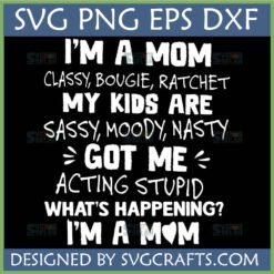 Funny Mom Life SVG design featuring 'Classy, Bougie, Ratchet' quote with 'My kids are sassy, moody, nasty' text for Cricut and sublimation.