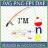 Whimsical First Birthday Fishing SVG design featuring 'I'M ONE' with a bobber and colorful fish, perfect for Cricut and sublimation crafts.